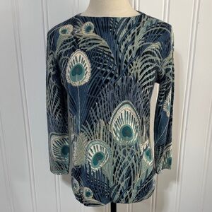 Talbots Audrey Cashmere Blue and Green Peacock Feather Sweater M Petite